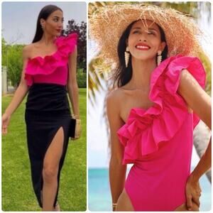 ZARA Pink Ruffled One Shoulder Bathing Suit Bodysuit Designer Inspired Size M